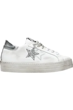 2STAR Buty, Kobieta, Biały, 39 EU, Skóra, Glitter Srebro Biały Skórzane Sneakers