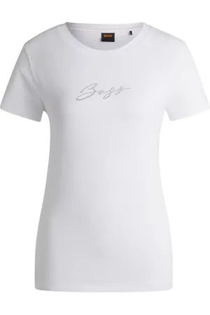 HUGO BOSS Koszulki, Kobieta, Biały, S, Kryształowy T-shirt z detalami z cyrkonii
