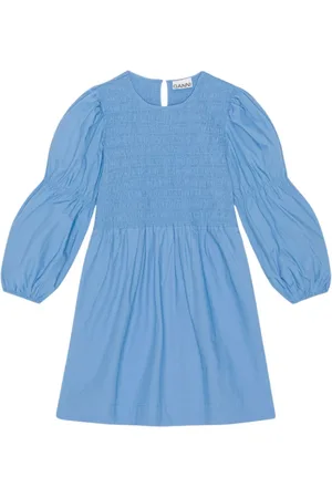 Ganni Sukienki, Kobieta, Niebieski, M, Niebieska Sukienka Mini Smock z Bawełny Poplin