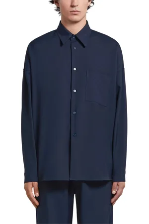 Marni Koszule, Mężczyzna, Niebieski, S, Midnight Logo Patch Wool Shirt