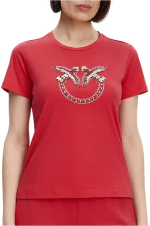 Pinko Koszulki, Kobieta, Czerwony, XS, T-shirt z haftem Love Birds