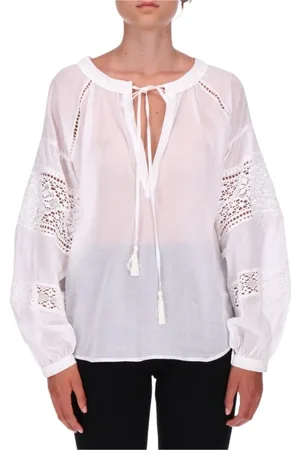 ERMANNO SCERVINO Bluzki, Kobieta, Biały, S, Bawełna, Biała Bawełniana Bluzka z Ozdobnymi Wzorami