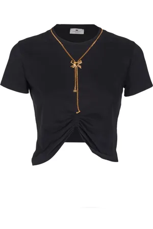 Elisabetta Franchi Koszulki, Kobieta, Czarny, S, Czarna Koszulka Crop z Bawełny
