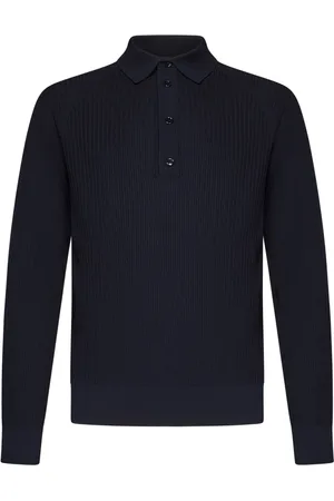 BRIONI Swetry, Mężczyzna, Niebieski, M, Niebieski wełniany polo z długim rękawem