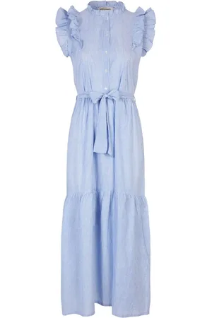 Lollys Laundry Sukienki, Kobieta, Niebieski, XL, Pasowana Sukienka Maxi w Paski z Falbankami
