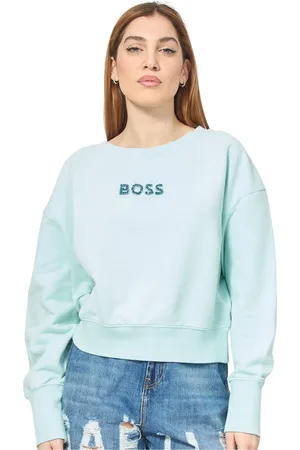 HUGO BOSS Bluzy, Kobieta, Niebieski, M, Turkusowy Sweter z Bawełny z Logo z Cekinami