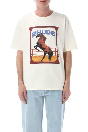 Rhude Koszulki, Mężczyzna, Beżowy, M, Biała koszulka z unikalną grafiką vintage