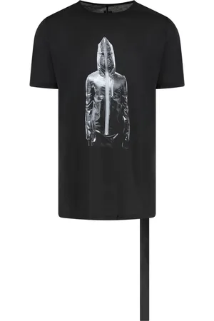 Rick Owens Koszulki, Mężczyzna, Czarny, S, Bawełniana Koszulka z Okrągłym Dekoltem i Efektem Zmechu