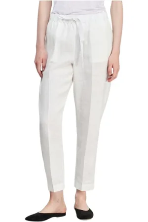 SEMICOUTURE Spodnie, Kobieta, Biały, XL, Białe lniane spodnie z ściągaczem Slim Fit
