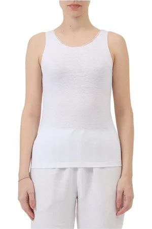 LE TRICOT PERUGIA Koszulki, Kobieta, Biały, L, Len, Elegancki Top z Detalem Łańcucha