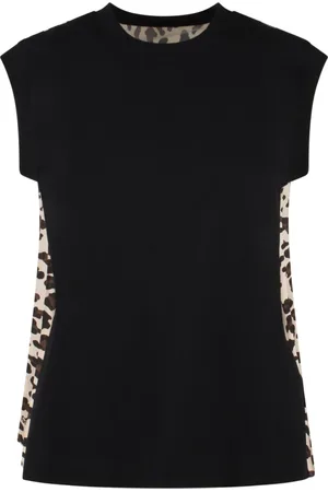 SACAI Koszulki, Kobieta, Czarny, L, Koszulka z Bawełnianego Jerseyu z Wzorem Leoparda