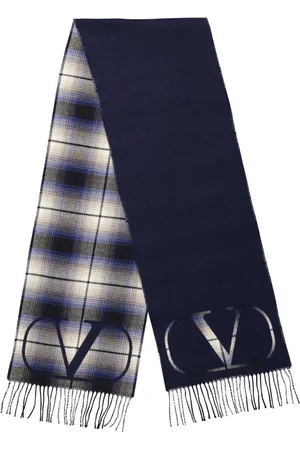 VALENTINO GARAVANI Akcesoria, Mężczyzna, Niebieski, ONE SIZE, Len, Kraciasty Szal z Logo V z wełny