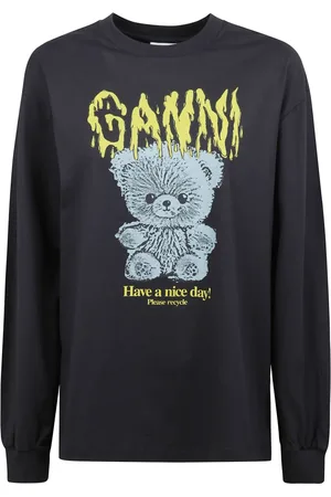 Ganni Koszulki, Kobieta, Niebieski, L, Długi Rękaw Okrągły Dekolt Graficzny T-shirt