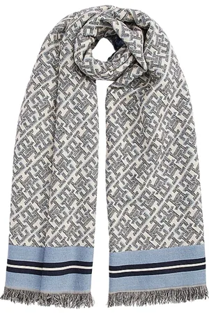 Tommy Hilfiger Akcesoria, Kobieta, Niebieski, ONE SIZE, Wełna, Monogramowy Szal Jacquard