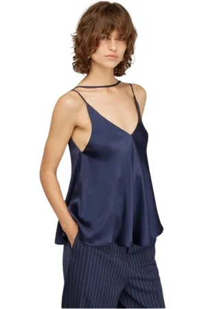 SEMICOUTURE Koszulki, Kobieta, Niebieski, M, Niebieski Satynowy Top Bez Rękawów