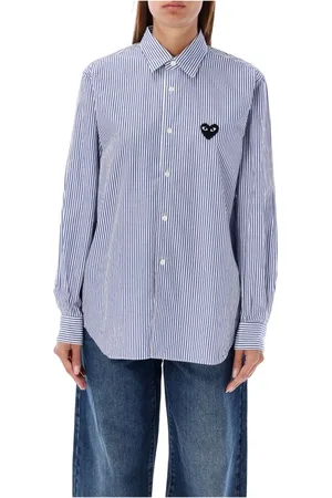 Comme des Garçons Bluzki, Kobieta, Niebieski, XS, Niebieska Koszula w Paski z Naszywką Serca