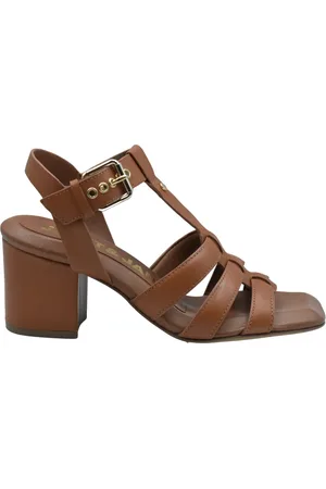 Janet&Janet Buty, Kobieta, brązowy, 39 EU, Brązowe Skórzane Sandały na Wysokim Obcasie