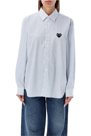 Comme des Garçons Bluzki, Kobieta, Wielobarwność, M, Niebieska Koszula w Paski z Naszywką Serca