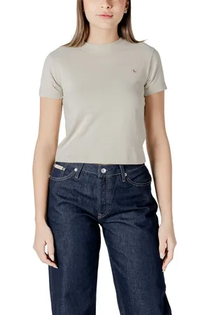 Calvin Klein Koszulki, Kobieta, Beżowy, XL, Koszulka z krótkim rękawem z haftowanym logo