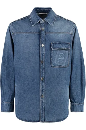 VALENTINO GARAVANI Koszule, Mężczyzna, Niebieski, M, Denim, Koszula Overshirt w Denimie z Kontrastowym Szyciem