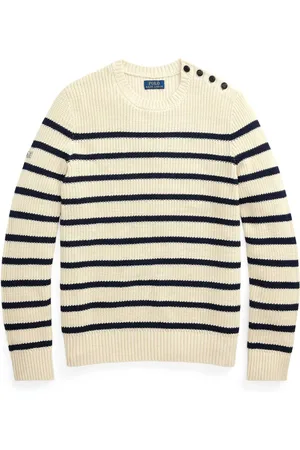 Ralph Lauren Swetry, Mężczyzna, Biały, S, Bawełna, Pasiasty Sweter z Dekoltem Okrągłym Biały