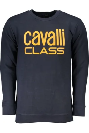 Roberto Cavalli Bluzy, Mężczyzna, Niebieski, 3XL, Szczotkowany Sweter z Nadrukiem Logo