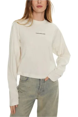 Calvin Klein Koszulki, Kobieta, Beżowy, M, Minimalistyczny T-shirt z długim rękawem