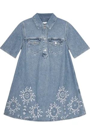 Ganni Sukienki, Kobieta, Niebieski, S, Denim, Niebieska Sukienka Mini z Denimu i Haftami Angielskimi