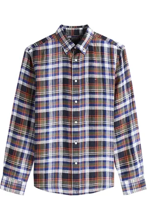 Tommy Hilfiger Koszule, Mężczyzna, Wielobarwność, M, Koszula W Kratę Lniana Pustynne Niebo Styl