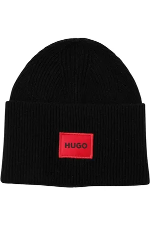 HUGO BOSS Akcesoria, Mężczyzna, Czarny, ONE SIZE, Ryflowany wełniany beanie z naszywką