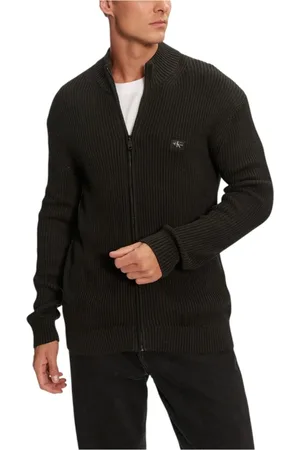 Calvin Klein Swetry, Mężczyzna, Czarny, L, Len, Czarny Sweter z Zamkiem
