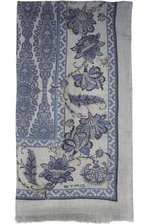 Etro Akcesoria, Mężczyzna, Niebieski, ONE SIZE, Kaszmir, Niebieski Kwiatowy Paisley Frędzle Szalik