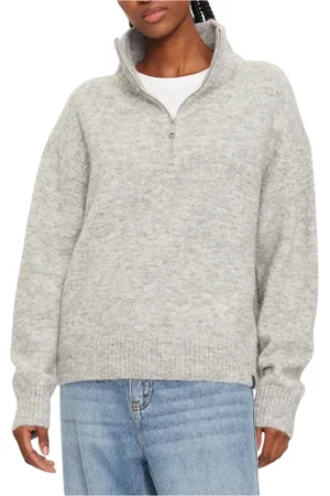 Calvin Klein Swetry, Kobieta, Szary, M, Len, Szary Sweter z Zamkiem i Golfem