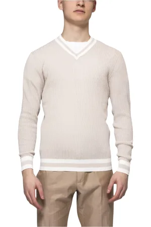 ELEVENTY Swetry, Mężczyzna, Beżowy, XL, Sweter V-Neck w piasku i białym