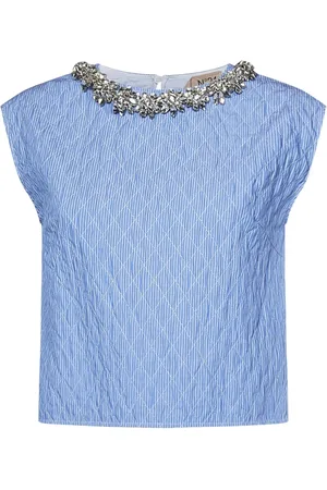 Nº21 Bluzki, Kobieta, Niebieski, L, Jasnoniebieski Paskowany Crop Top z Kryształami