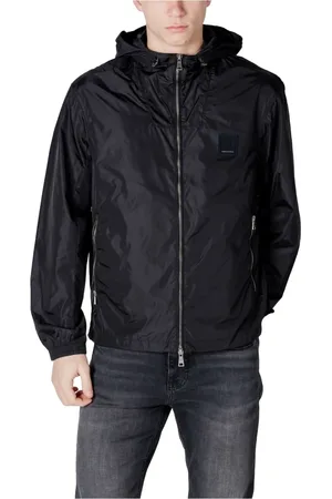 Armani Exchange Kurtki, Mężczyzna, Czarny, XL, Len, Czarna Kurtka z Kapturem i Zamkiem