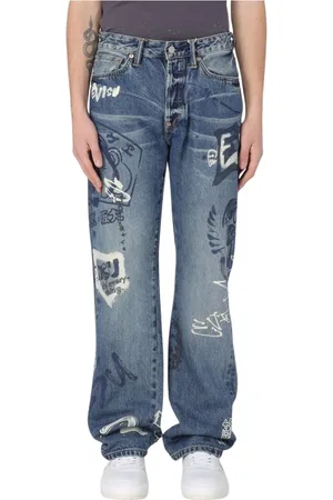 Evisu Jeansy, Mężczyzna, Niebieski, W34, Denim, Graffiti Straight Leg Jeansy