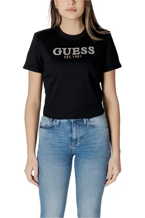 Guess Koszulki, Kobieta, Czarny, XS, Czarna Bawełniana Koszulka, Krótkie Rękawy