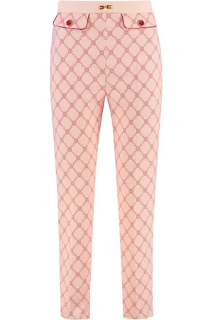 Elisabetta Franchi Spodnie, Kobieta, Różowy, XS, Spodnie Slim Fit z nadrukiem z krepu