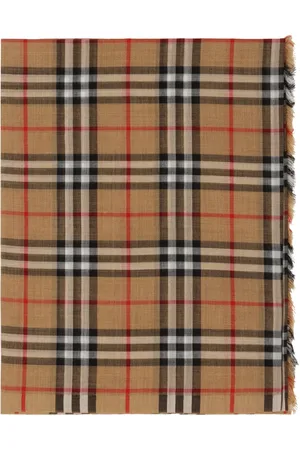 Burberry Akcesoria, Kobieta, Beżowy, ONE SIZE, Jedwabno Wełniany Frędzlowany Szalik w Kratę