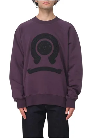 VERSACE Bluzy, Mężczyzna, Fioletowy, S, Śliwkowy Haftowany Sweter z dekoltem typu Crewneck