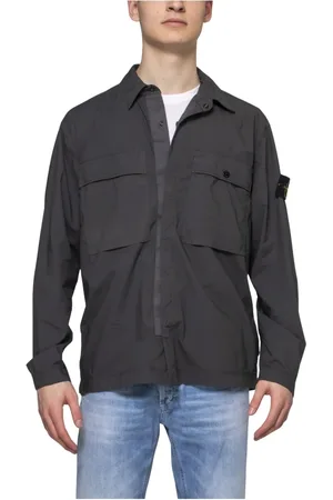 Stone Island Kurtki, Mężczyzna, Czarny, 2XL, Bawełna, Overshirt z Rozciągliwej Bawełnianej Tkaniny z Kieszeniami