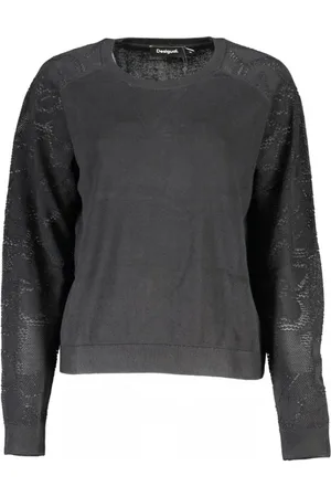 Desigual Swetry, Kobieta, Czarny, XL, Czarny Sweter Bawełniany, Okrągły Dekolt, Kontrastowe Detale