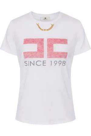 Elisabetta Franchi Koszulki, Kobieta, Biały, L, T-shirt z logo z bawełnianej dzianiny