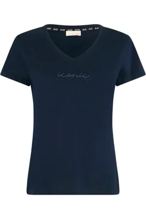 Liu Jo Koszulki, Kobieta, Niebieski, XS, Niebieski T-shirt z bawełny z logo z kryształkami