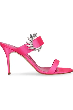 Manolo Blahnik Buty, Kobieta, Różowy, 37 EU, Różowe Satynowe Sandały na Obcasie z Ozdobami z Kryształków