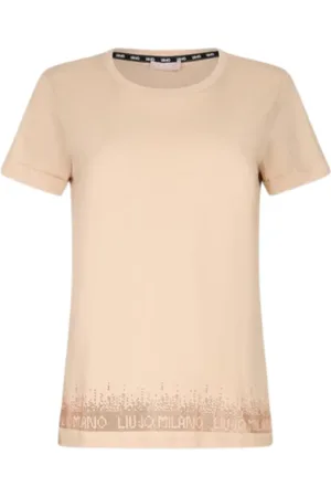 Liu Jo Koszulki, Kobieta, Biały, S, Beżowy Bawełniany T-shirt z Okrągłym Dekoltem i Krótkim Rękawem