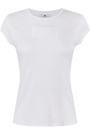 Elisabetta Franchi Koszulki, Kobieta, Biały, S, Haftowany T-shirt z dżerseju z klapkowymi rękawami
