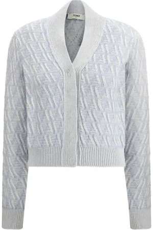 Fendi Swetry, Kobieta, Niebieski, L, Jedwabny Sweter z Dzianiny Jacquard z Ukrytym Zapięciem