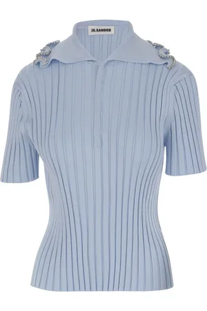 Jil Sander Swetry, Kobieta, Niebieski, S, Bluzka Polo z falbanką z wiskozą